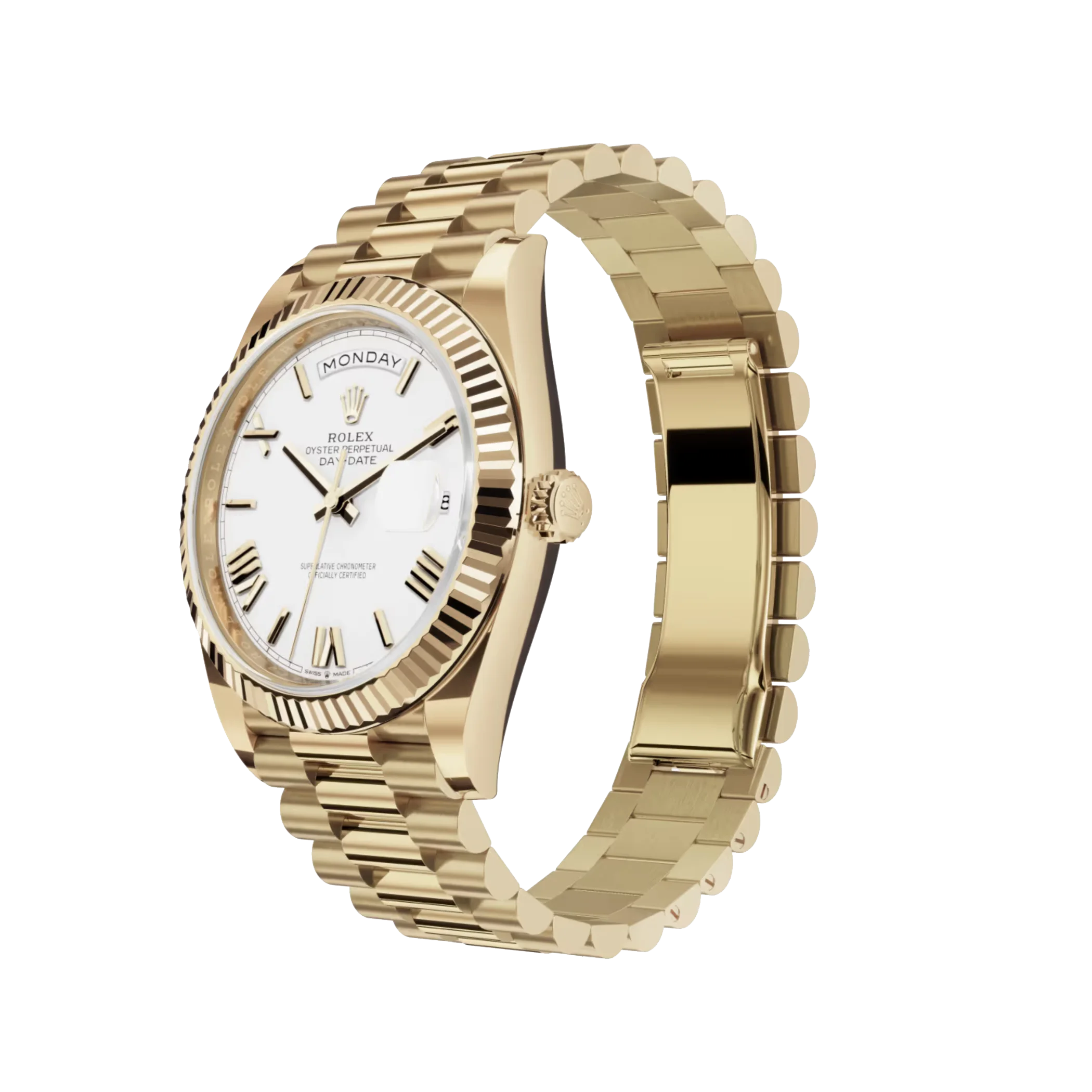rolex day date: 40mm yellow gold with a white dial, fluted bezel and a president bracelet, m228238 0042 rolex day date: 40mm yellow gold with a white dial, fluted bezel and a president bracelet, m228238 0042