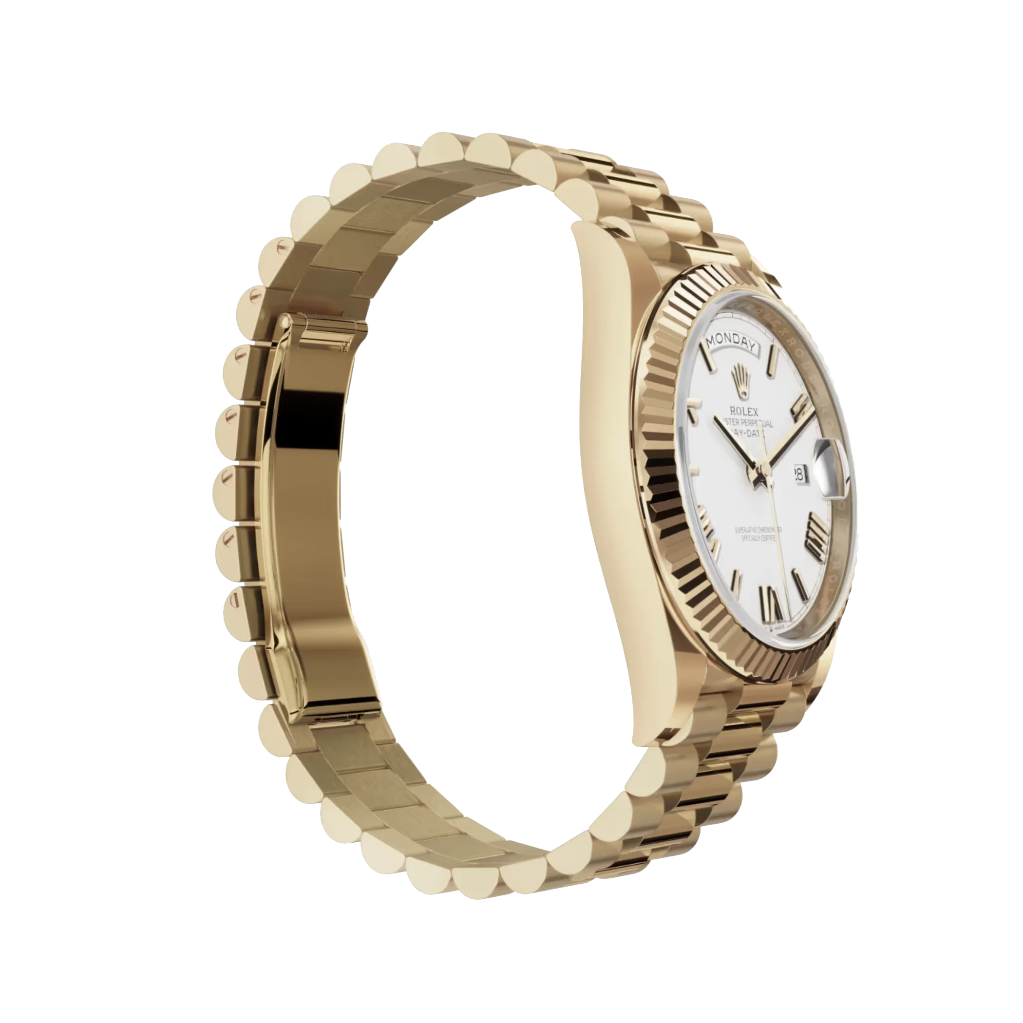 rolex day date: 40mm yellow gold with a white dial, fluted bezel and a president bracelet, m228238 0042 rolex day date: 40mm yellow gold with a white dial, fluted bezel and a president bracelet, m228238 0042