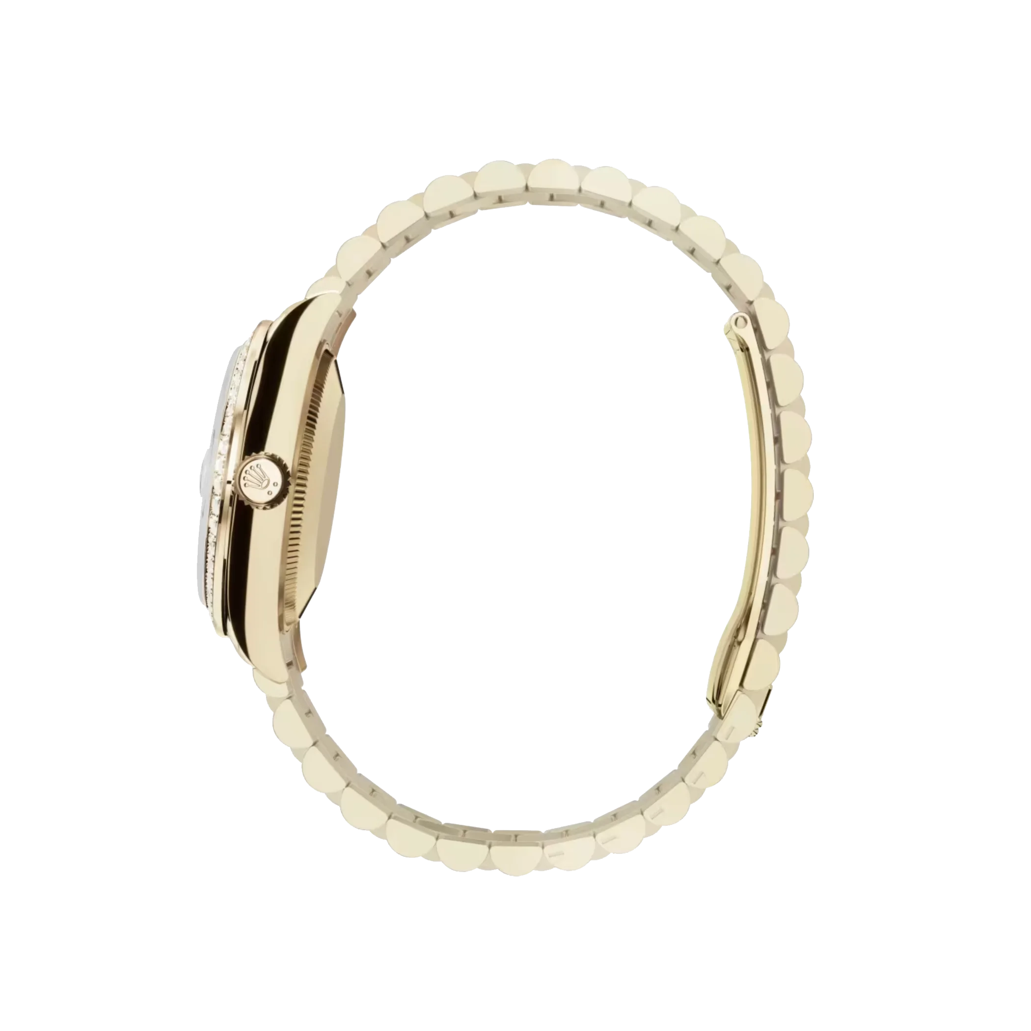 rolex datejust: 31 mm, yellow gold, white mother of pearl, diamond set dial, president bracelet, m278288rbr 0006