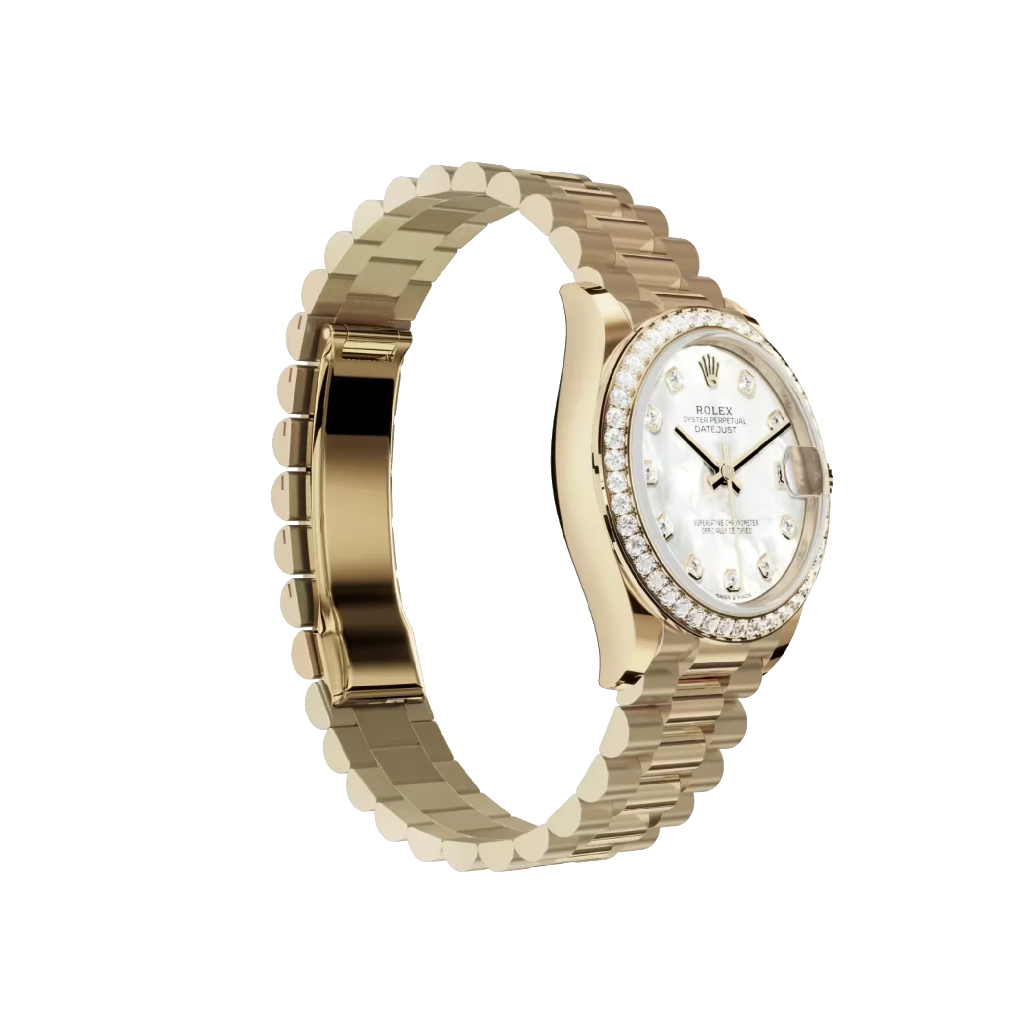 rolex datejust: 31 mm, yellow gold, white mother of pearl, diamond set dial, president bracelet, m278288rbr 0006