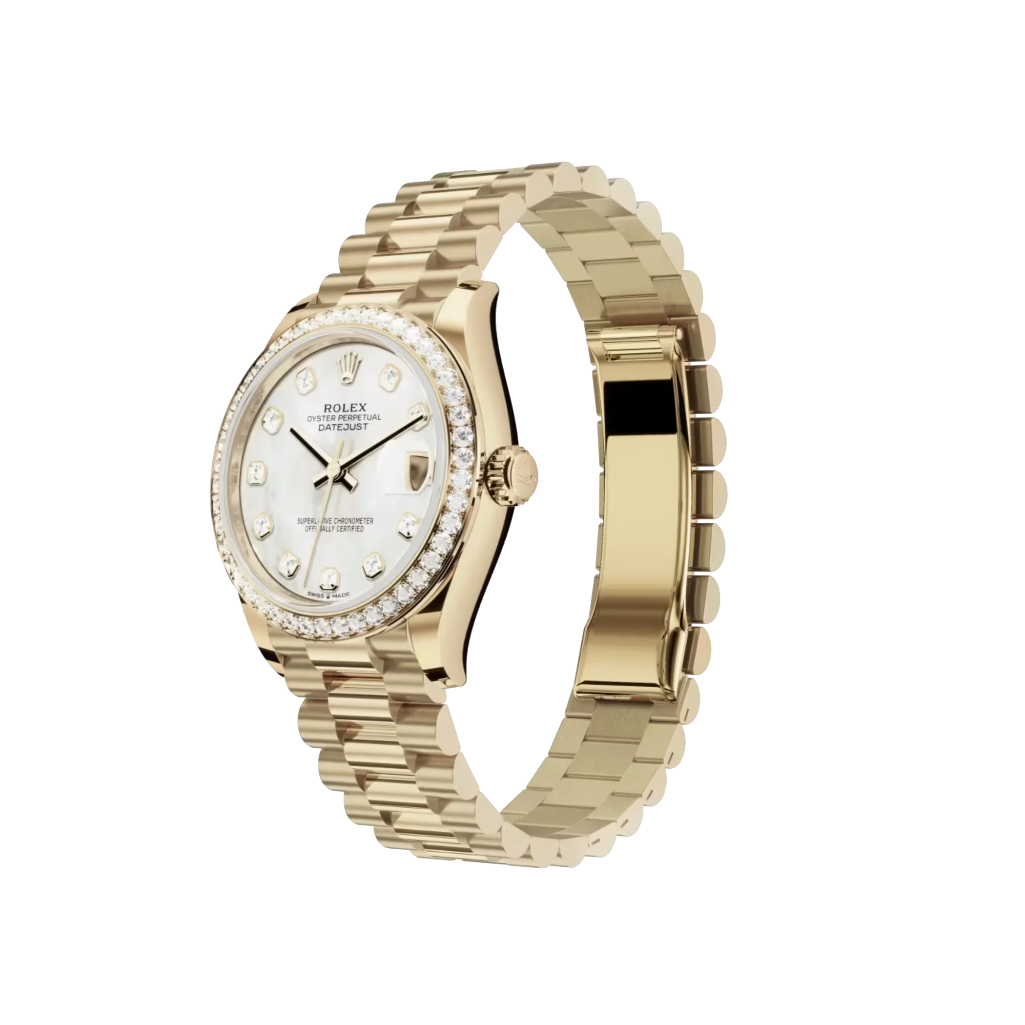 rolex datejust: 31 mm, yellow gold, white mother of pearl, diamond set dial, president bracelet, m278288rbr 0006